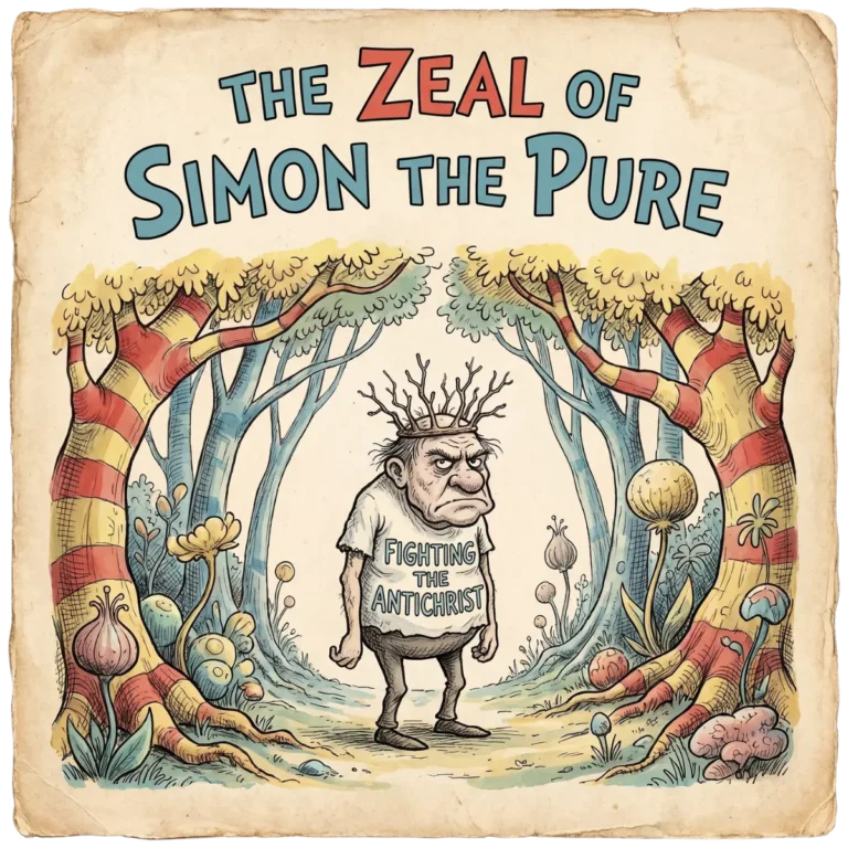 A mock book cover for a Dr. Seuss style book titled "The Zeal of Simon the Pure," featuring a grumpy old man wearing a crown of twigs wearing a t-shirt saying "FIGHTING THE ANTICHRIST."
